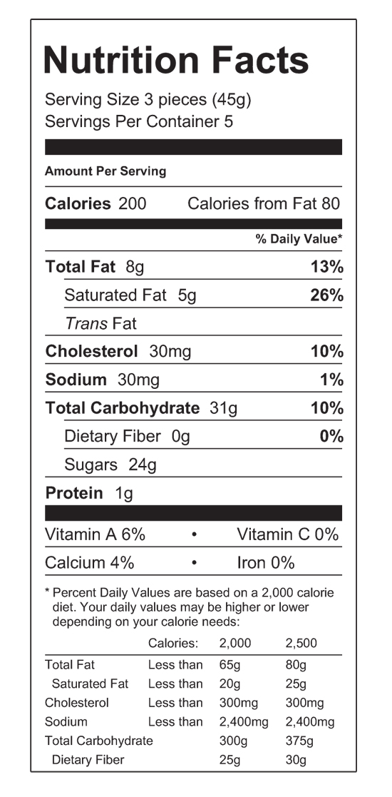 Vanilla Caramels Nutritional Label